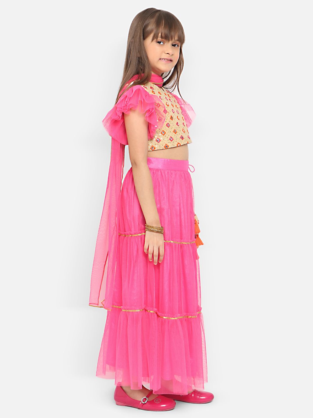 Nauti Nati Girls Embellished Mirror Work Ready to Wear Lehenga & Blouse With Dupatta