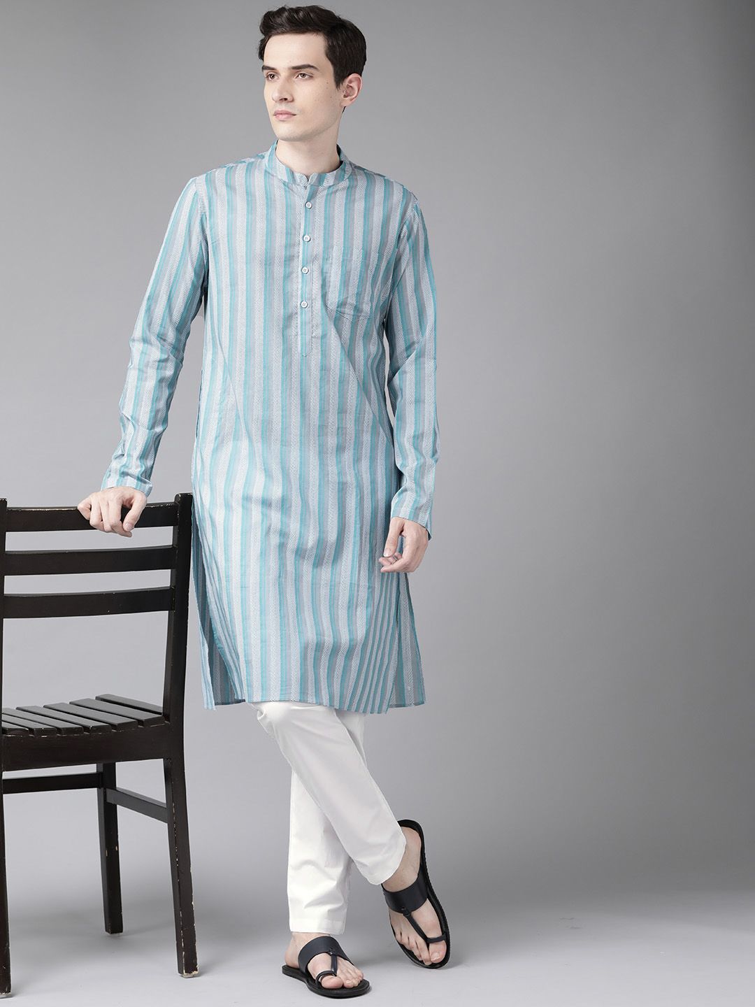 See Designs Men Blue Striped Pure Cotton Kurta with Trousers