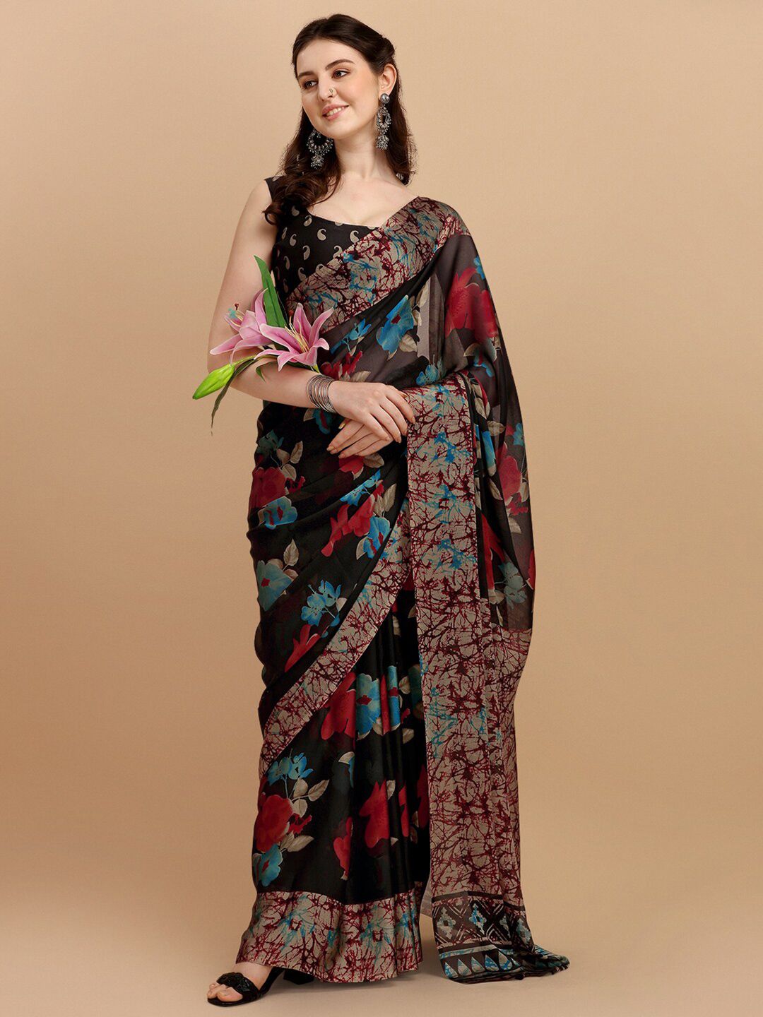 KALINI Black & Red Floral Printed Saree