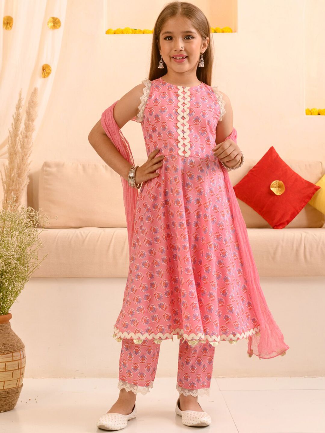 pspeaches Girls Ethnic Motifs Printed Pure Cotton Kurta With Trousers & With Dupatta