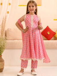 pspeaches Girls Ethnic Motifs Printed Pure Cotton Kurta With Trousers & With Dupatta