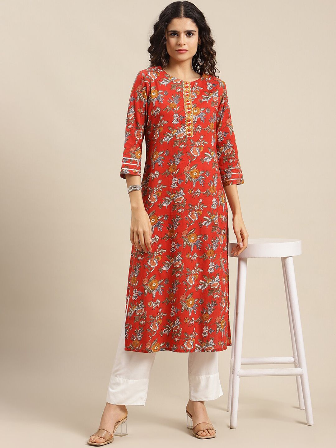 Varanga Women Red & Orange Floral Printed Straight Kurta