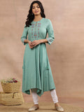 W Green Geometric Printed Keyhole Neck Anarkali Kurta Set
