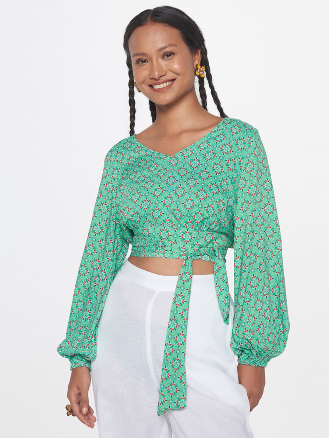Global Desi Floral Print Puff Sleeve Crop Top