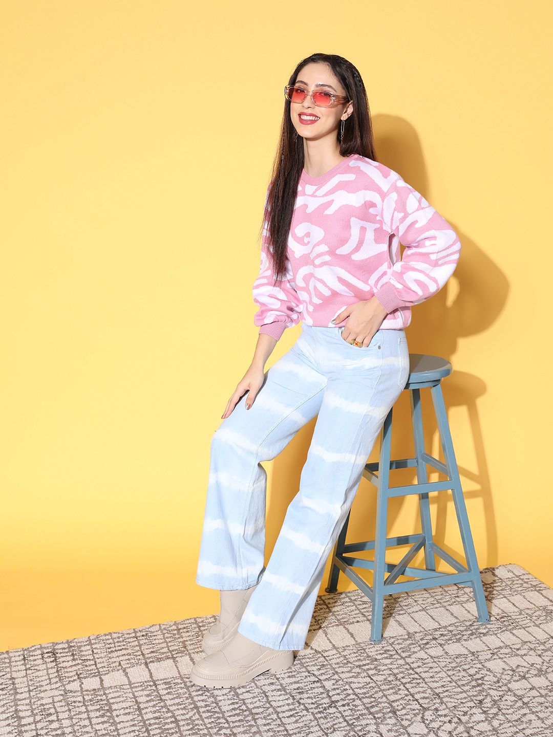 Berrylush Women Pink Abstract Knits Bits Sweater