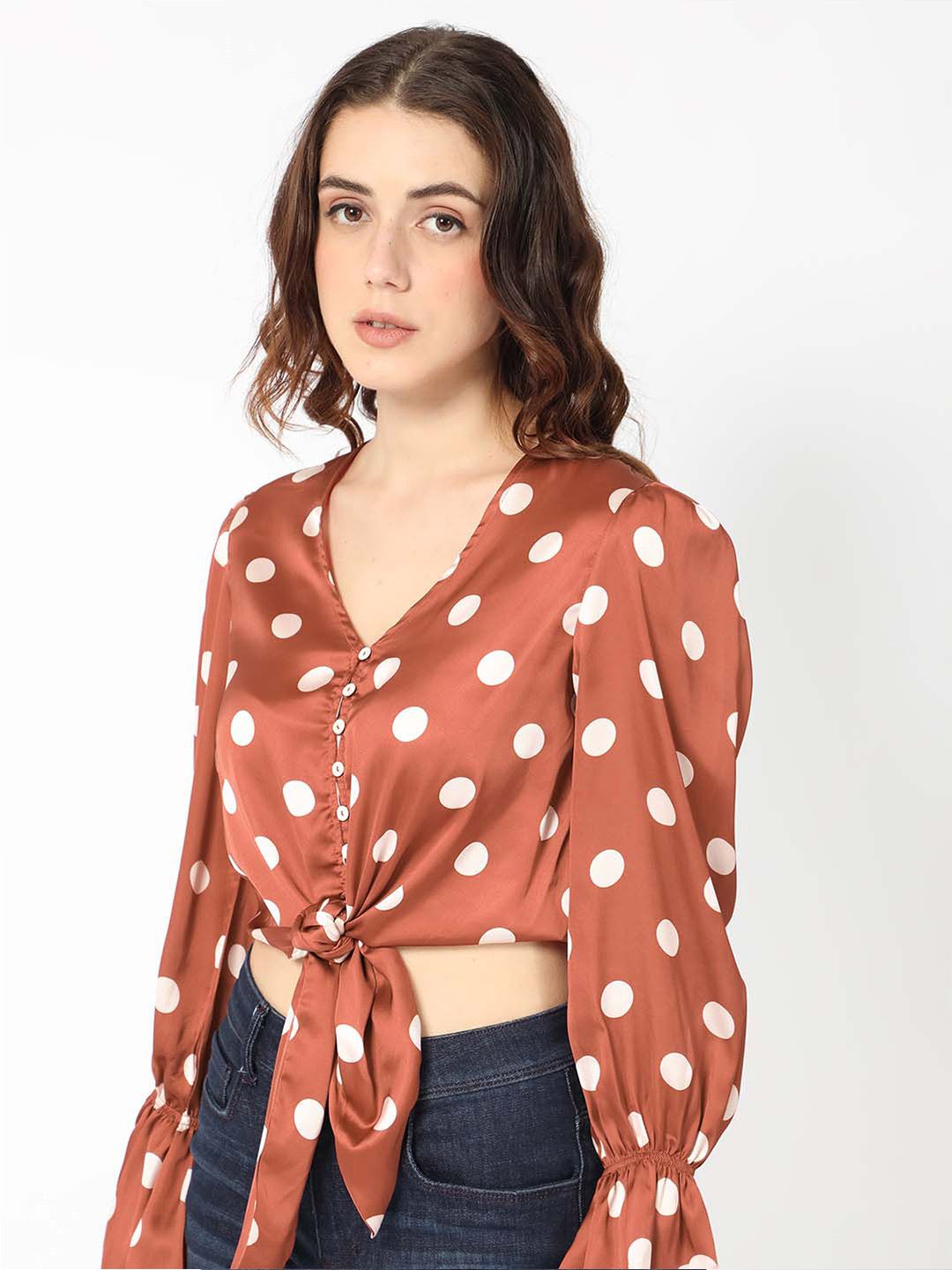 RAREISM Polka Dot Print Puff Sleeve Styled Back Crop Top