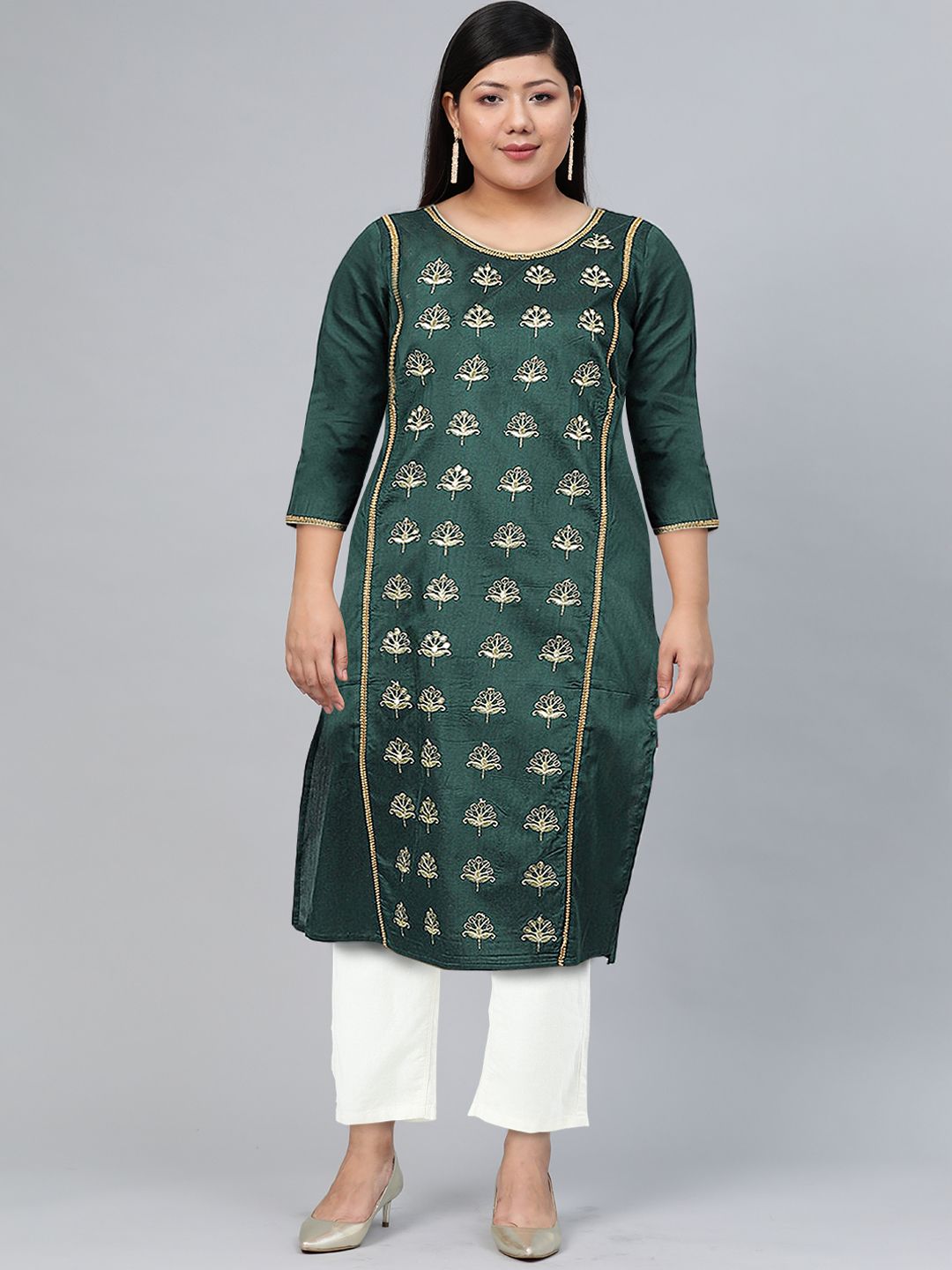 Aurelia Women Green Zari Embroidered Ethnic Liva Kurta