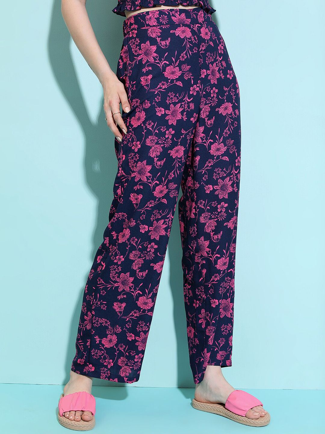 Navy-Blue and Pink Floral Printed Co-Ords