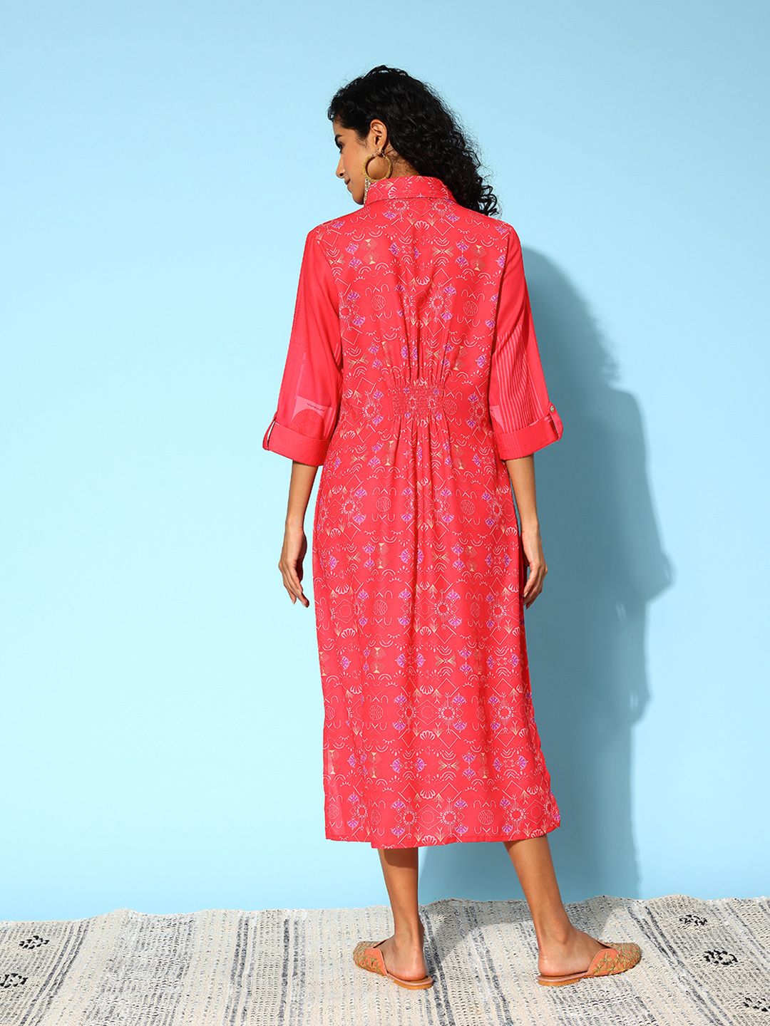 Indo Era Floral Print Shirt Midi Dress