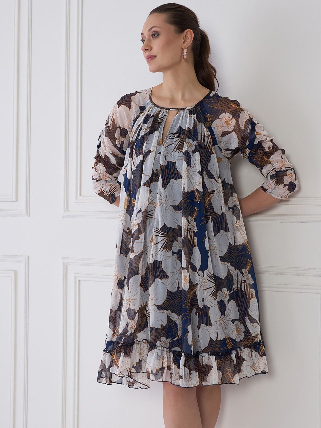 Antheaa Floral Print Keyhole Neck Chiffon Fit & Flare Dress