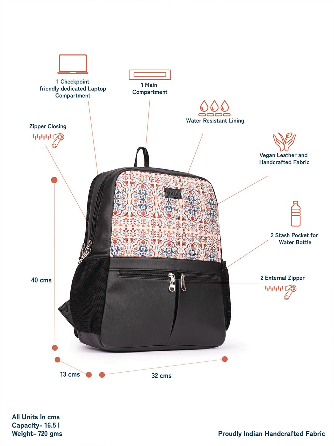 ZOUK Agra Floral Printed Vegan Leather Backpack With Compression Straps-Up to 16 inch