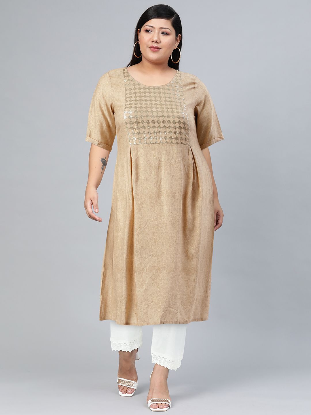W Women Beige Embellished Keyhole Neck Flared Kurta