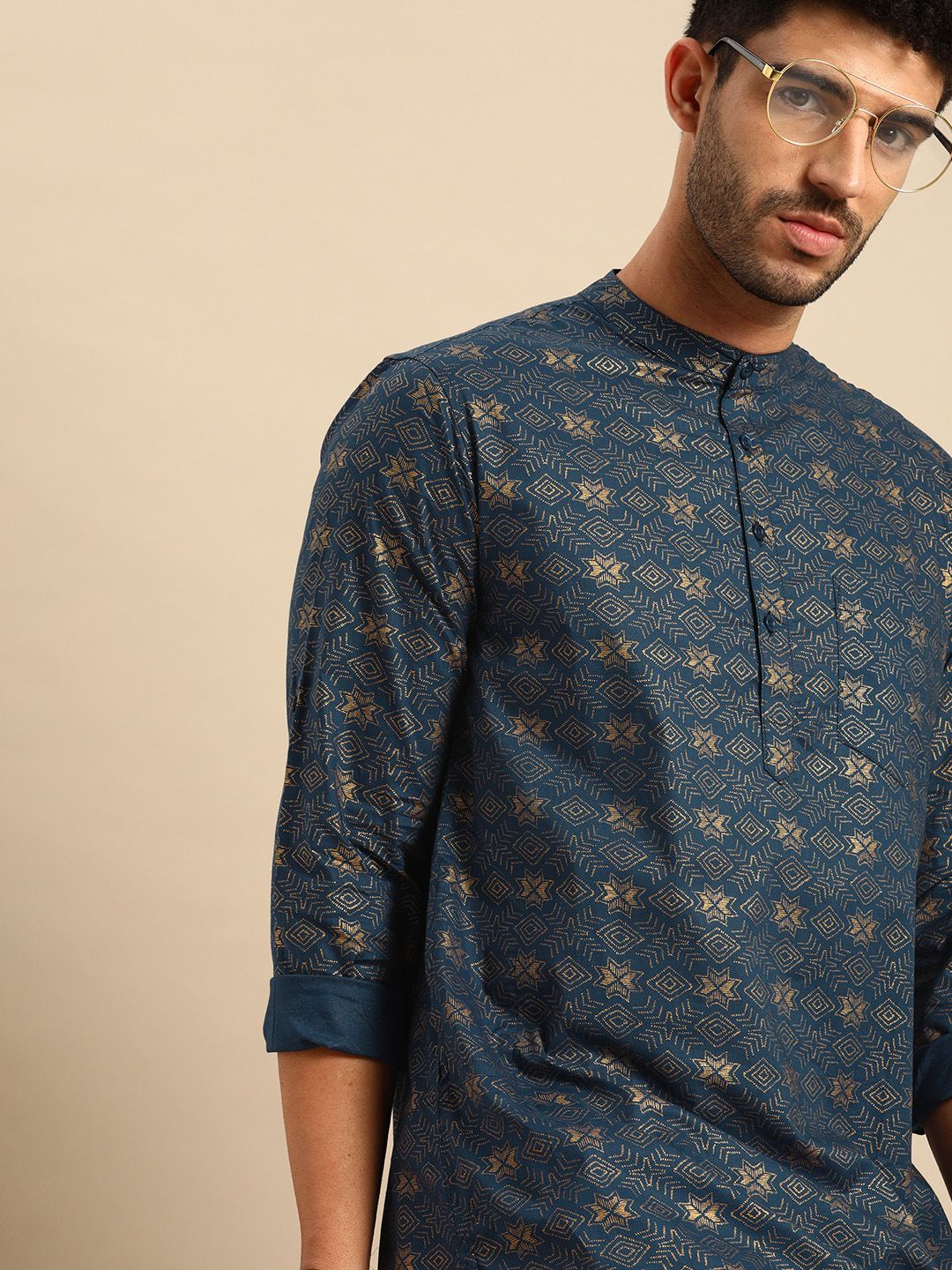 Anouk Men Navy Blue & Gold-Toned Printed Kurta