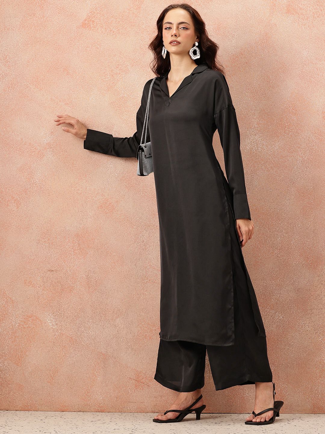 all about you Notched Lapel Collar Drop-Sleeves Satin Straight Kurta with Palazzos