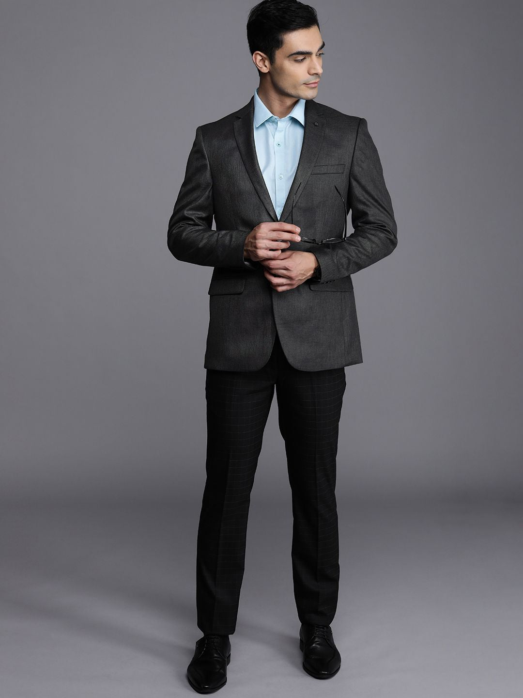 Raymond Men Charcoal Grey Slim Fit Self Design Single-Breasted Formal Blazer