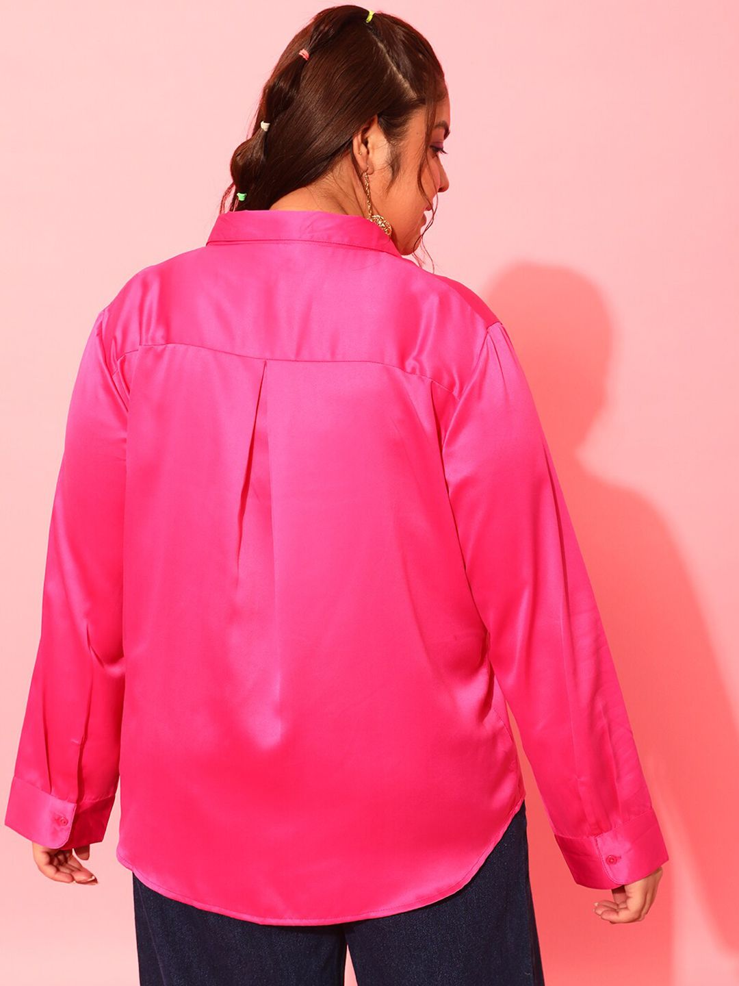 CURVY STREET Plus Size Fuchsia Classic Satin Casual Shirt