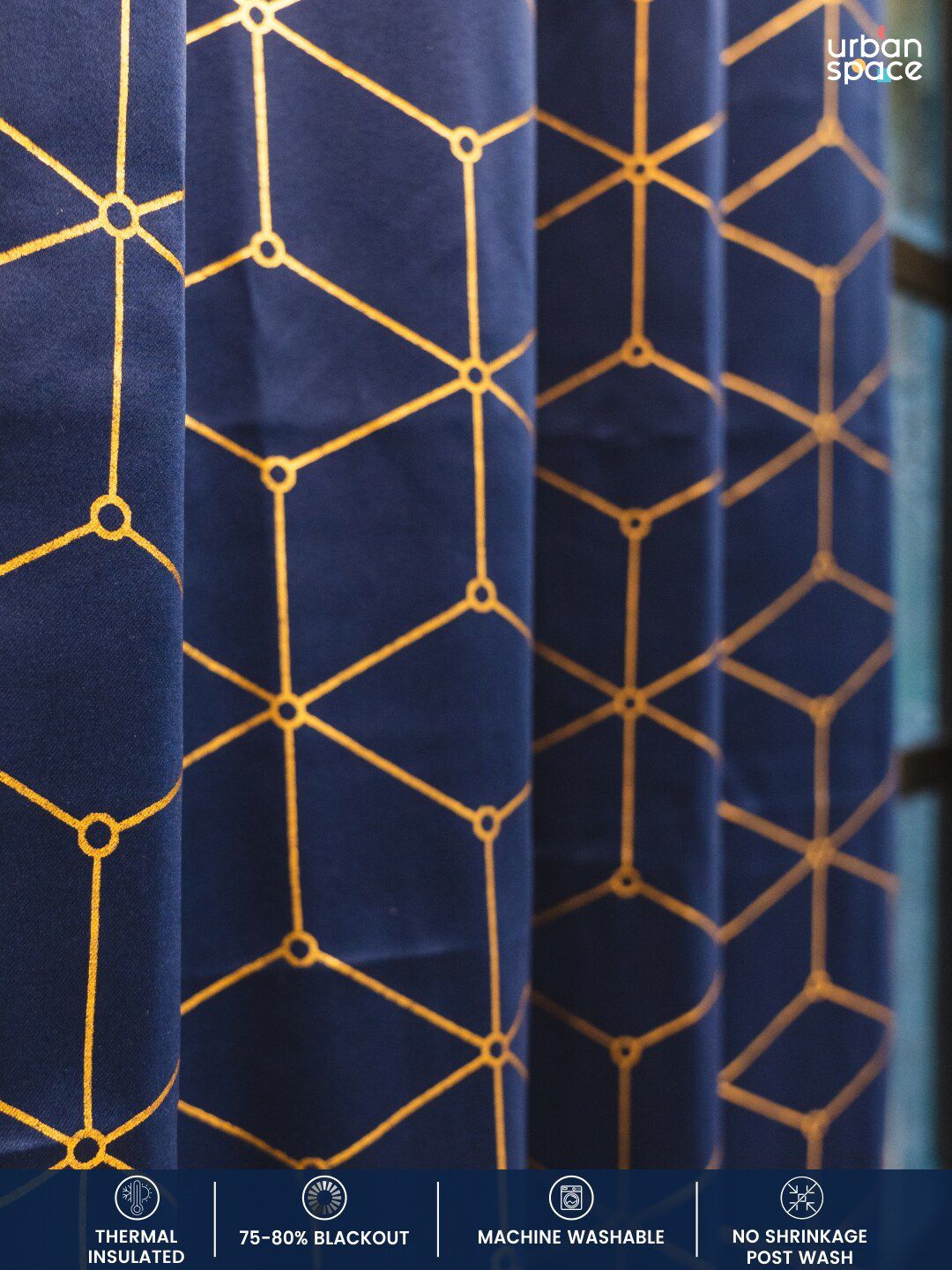 URBAN SPACE Navy Blue & Gold-Toned Geometric Black Out Door Curtain
