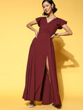 Berrylush Maroon Crepe Maxi Dress