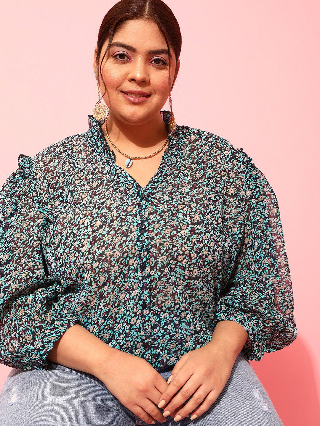 CURVY STREET Plus Size Floral Printed Puff Sleeves Satin Top