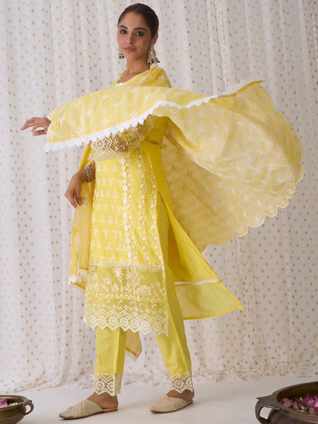 Indo Era Round Neck Floral Embroidered Pure Cotton Straight Kurta with Trouser & Dupatta