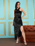 SASSAFRAS Black Asymmetric Neck Velvet Maxi Dress