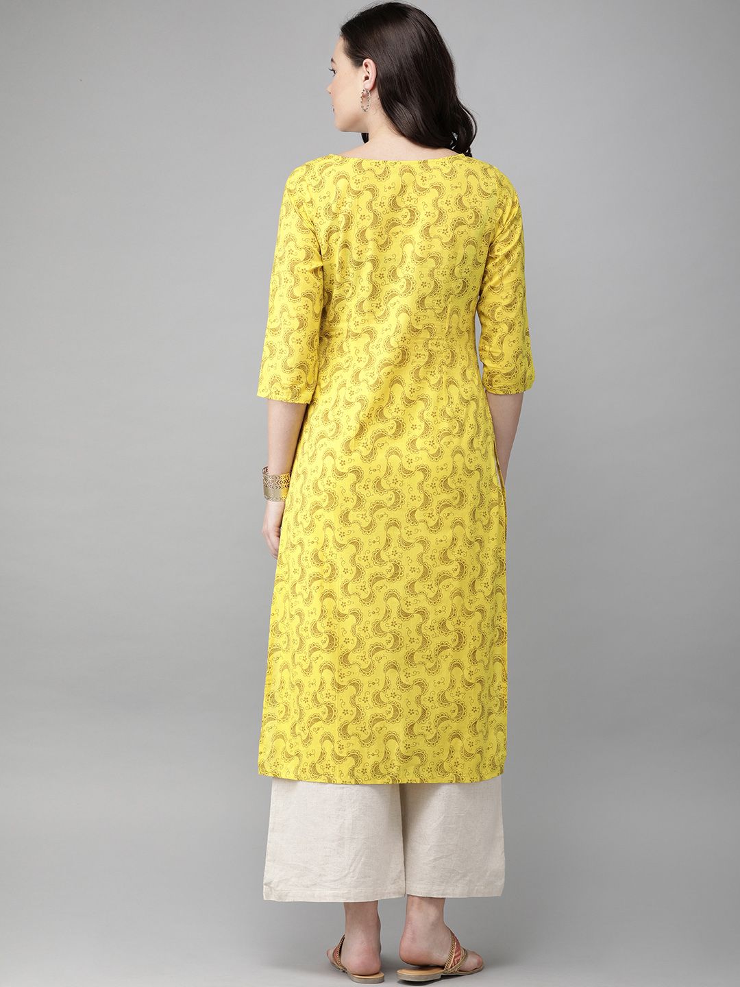 Anouk Women Yellow & Brown Printed Straight Kurta