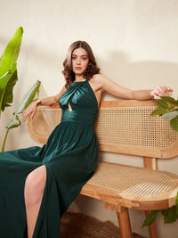 Berrylush Green Halter Neck Cut-Out Detailed Maxi Dress