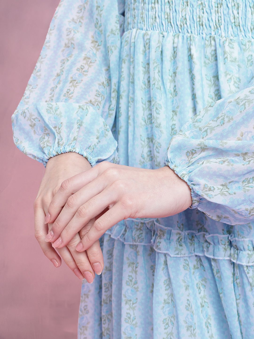 DressBerry Floral Print Smocked Ruffled Tiered Midi Dress