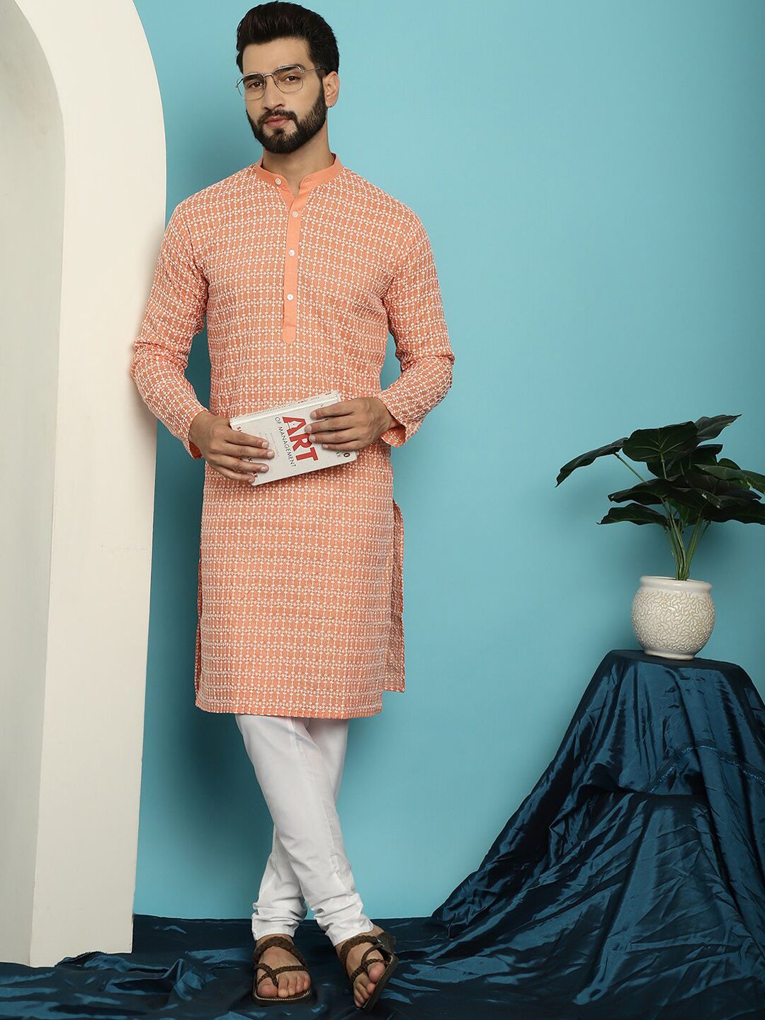 SOJANYA Mandarin Collar Embroidered Pure Cotton Kurta