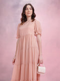 DressBerry Puff Sleeve Tiered A-Line Midi Dress
