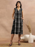 W Checked Mandarin Collar A-Line Midi Dress