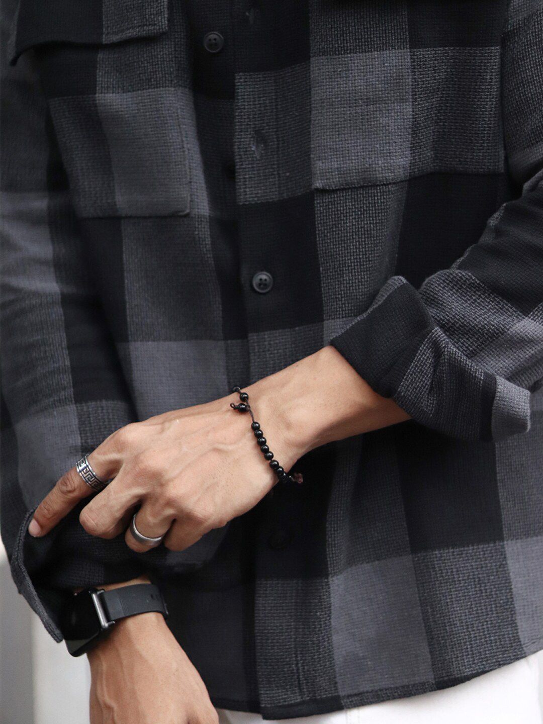 Powerlook Black India Slim Oversized Buffalo Checks Opaque Pure Cotton Casual Shacket