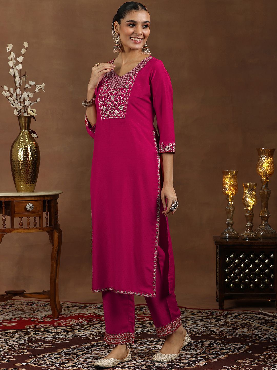 Libas Floral Embroidered Kurta With Trousers & Dupatta