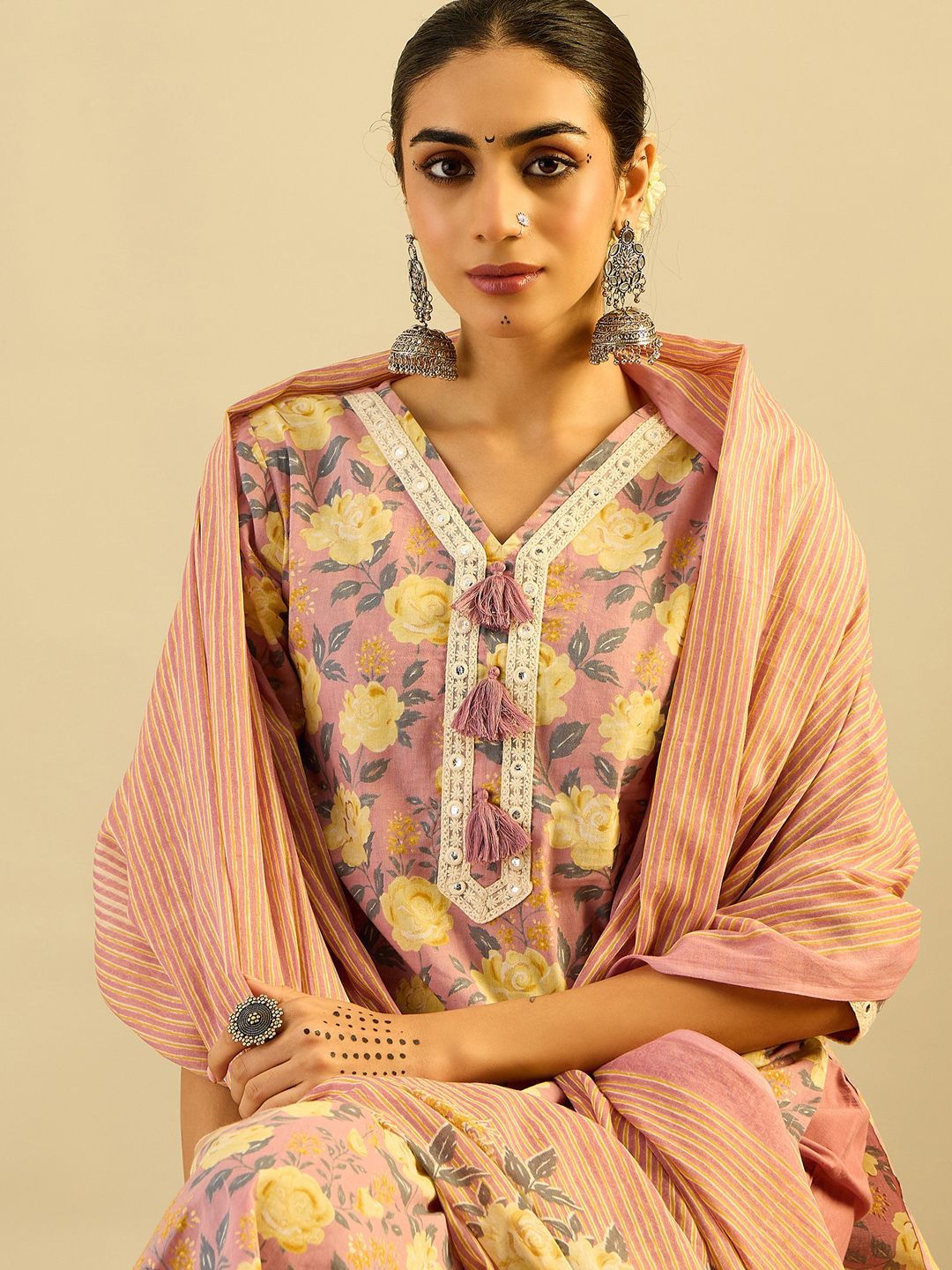 Indo Era Floral Printed Pure Cotton Kurta With Trousers &  Dupatta