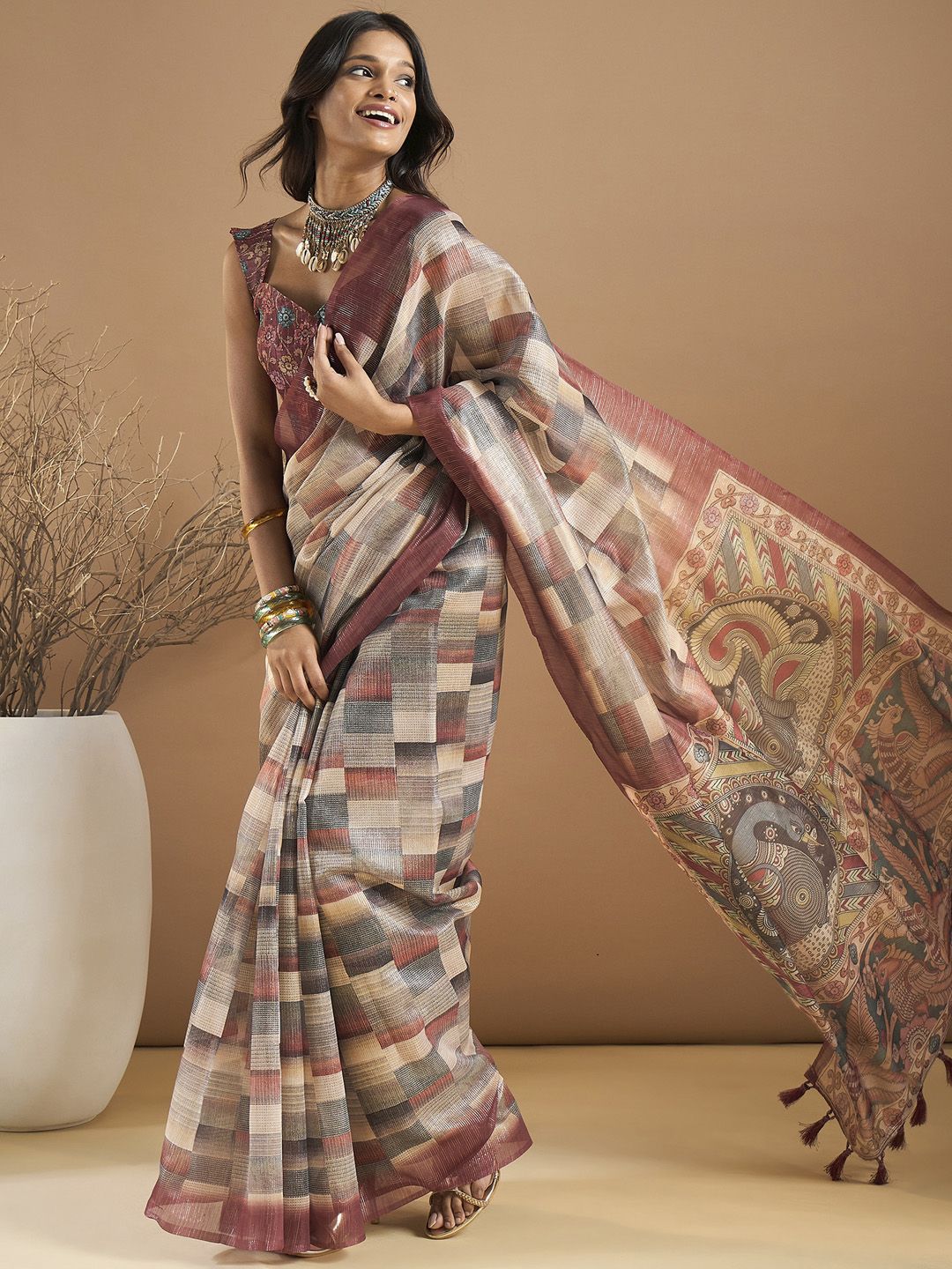 Saree mall Organza Block Print Ethnic Motifs Sarees