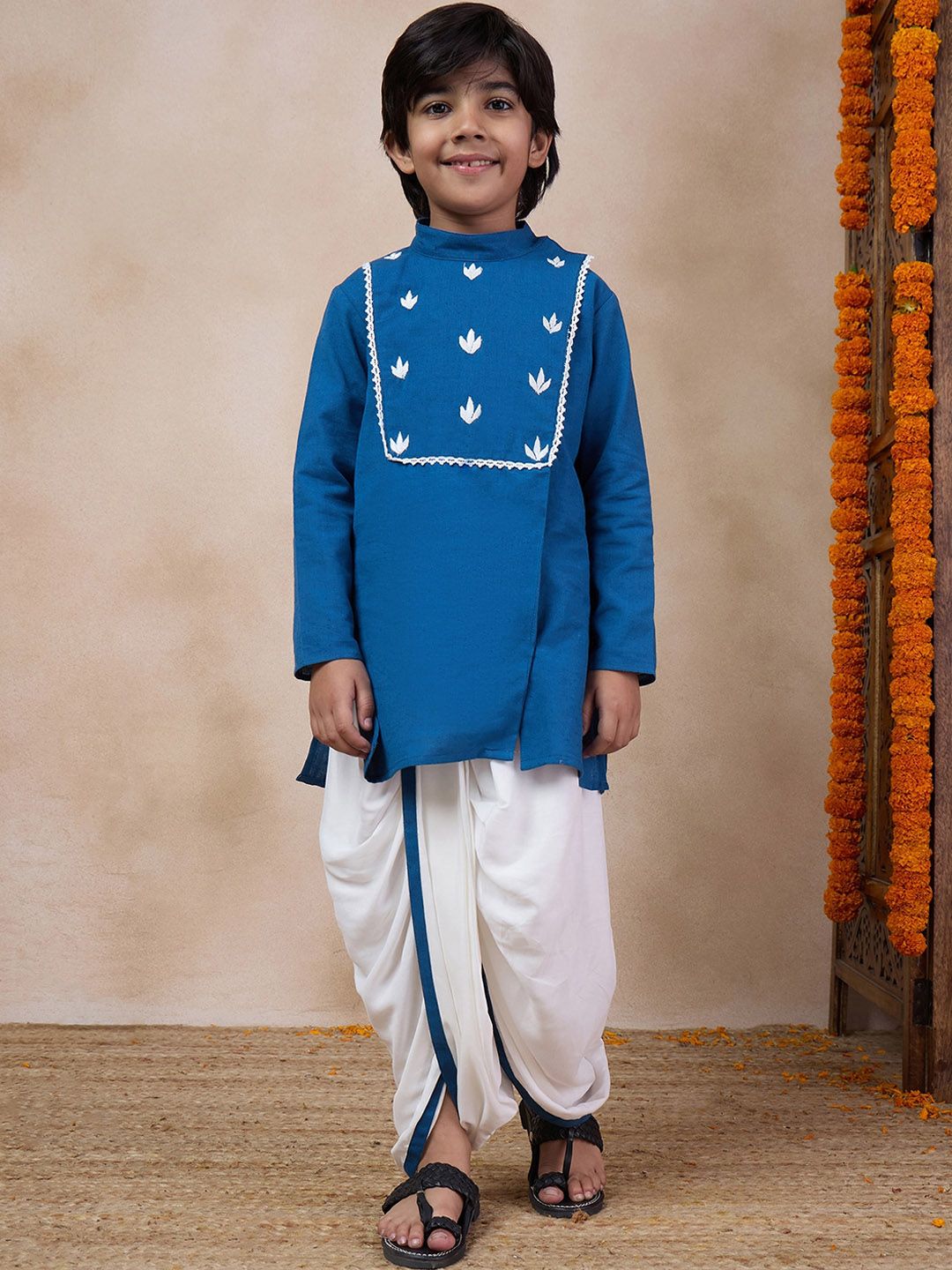 pspeaches Boys Mandarin Collar Floral Yoke Design Regular Thread Work Kurta with Dhoti Pants