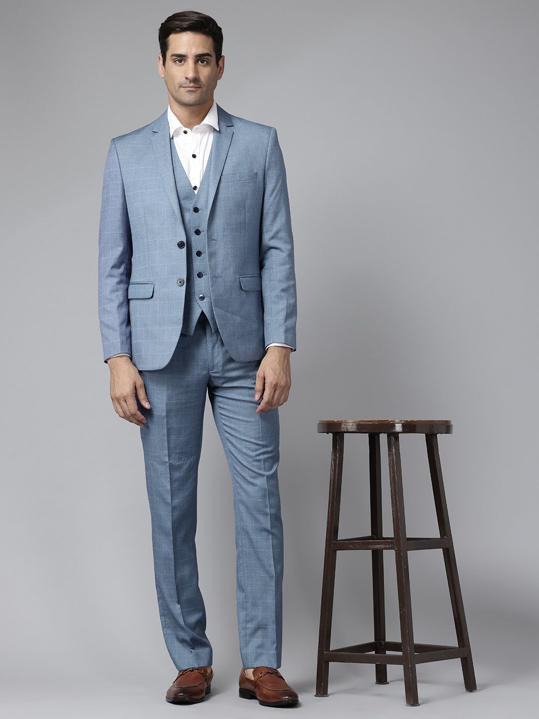 Park Avenue Slim Fit Checked Blazer & Trousers With Waistcoat