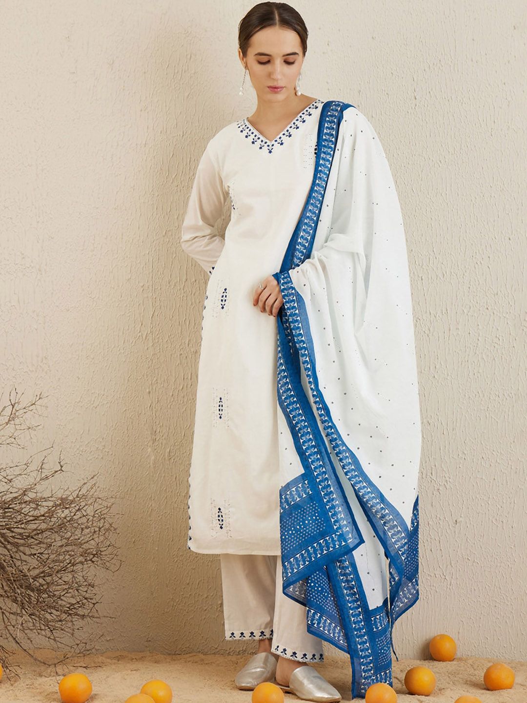 Indo Era Ethnic Motifs Embroidered Thread Work Pure Cotton Kurta with Trousers & Dupatta