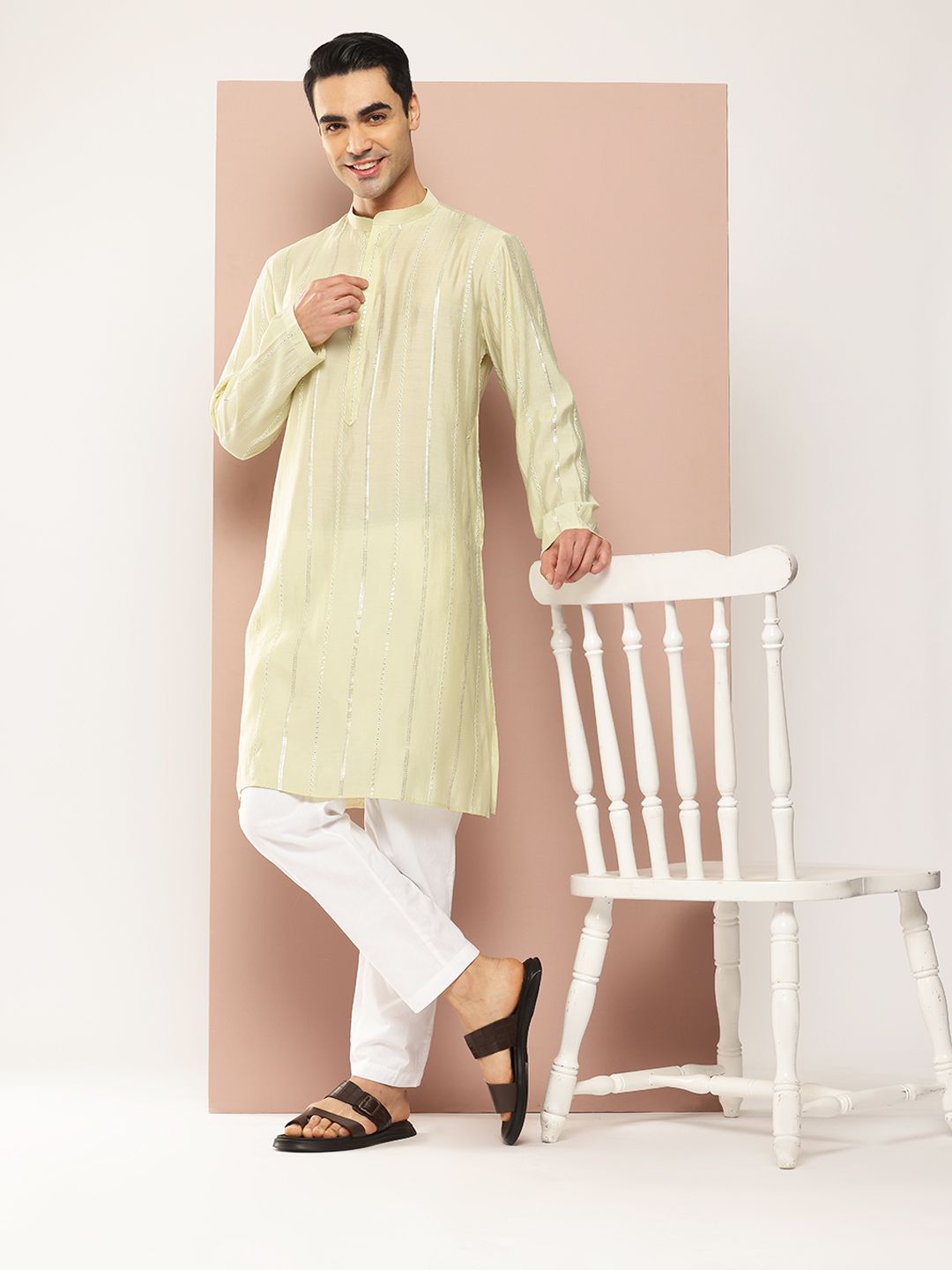 See Designs Men Embroidered Sequinned Chanderi Silk Kurta with Pyjamas