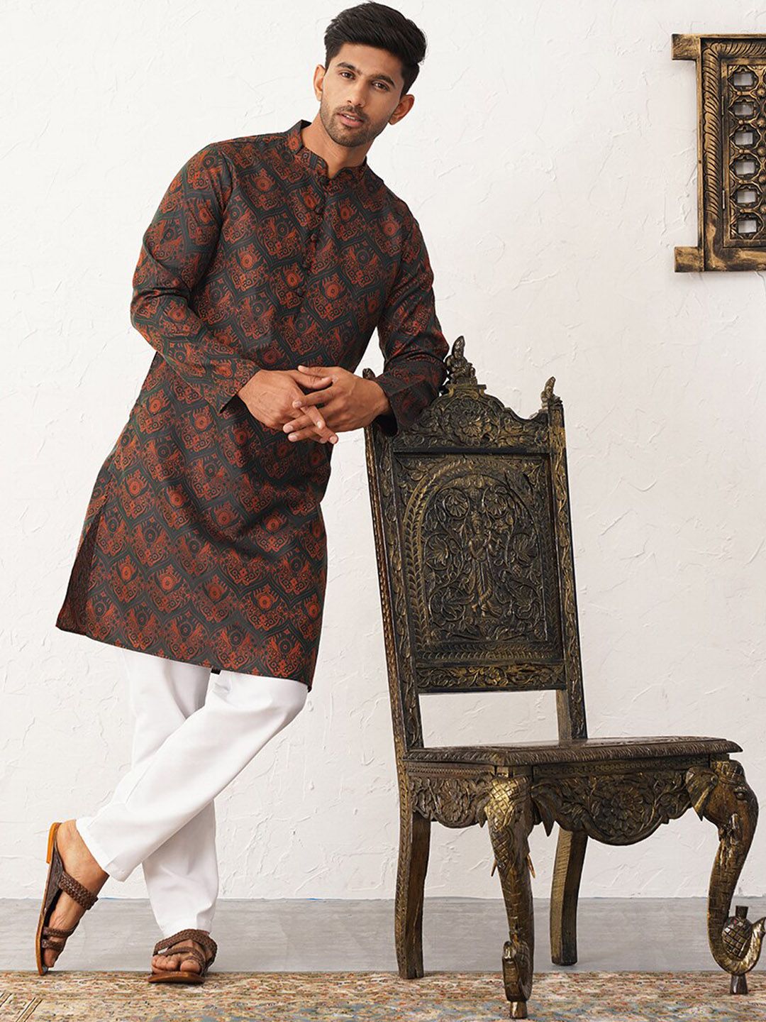 Jompers Ethnic Motifs Printed Mandarin Collar Silk & Cotton Straight Kurta