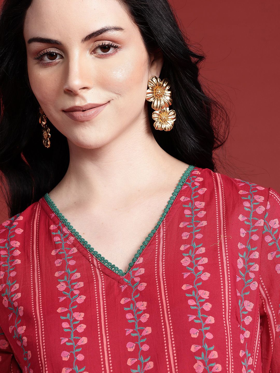 Anouk Floral Print Pleated  Pure Cotton Tiered Ethnic Dress