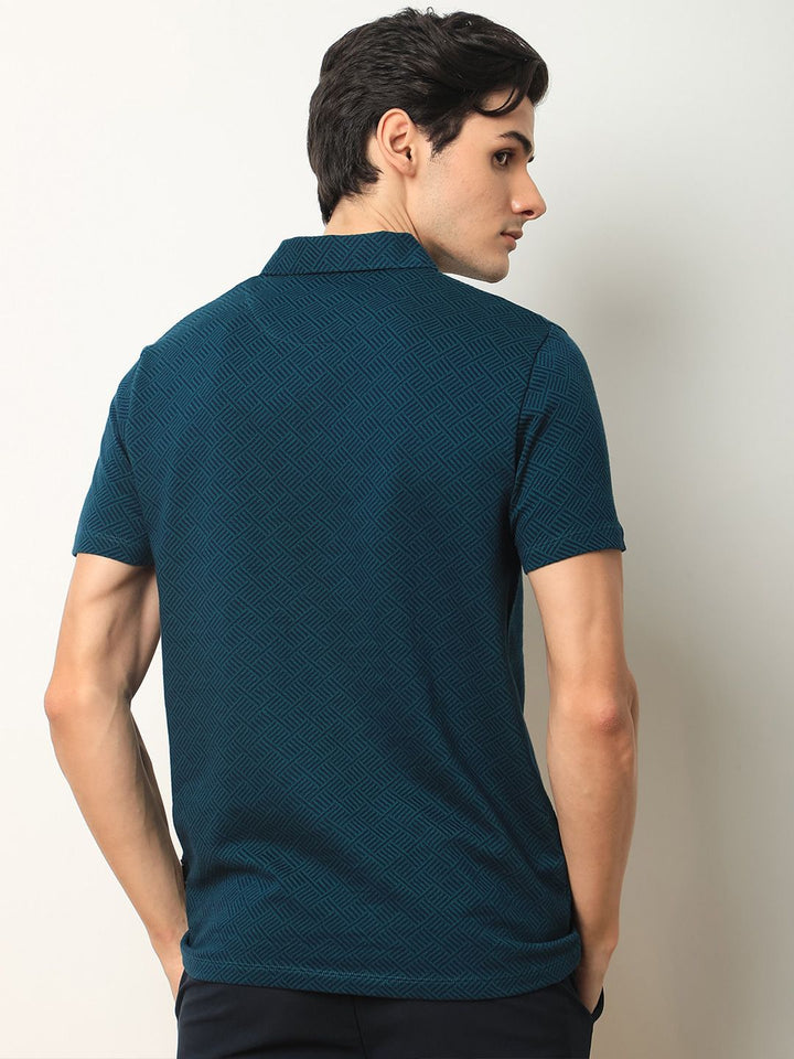 RARE RABBIT Men Cabetta Geometric Printed Polo Collar Cotton Slim Fit T-Shirt