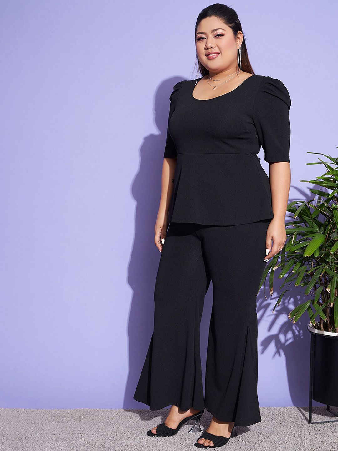 SASSAFRAS Curve Women Black Peplum Top With Pleat Trouser