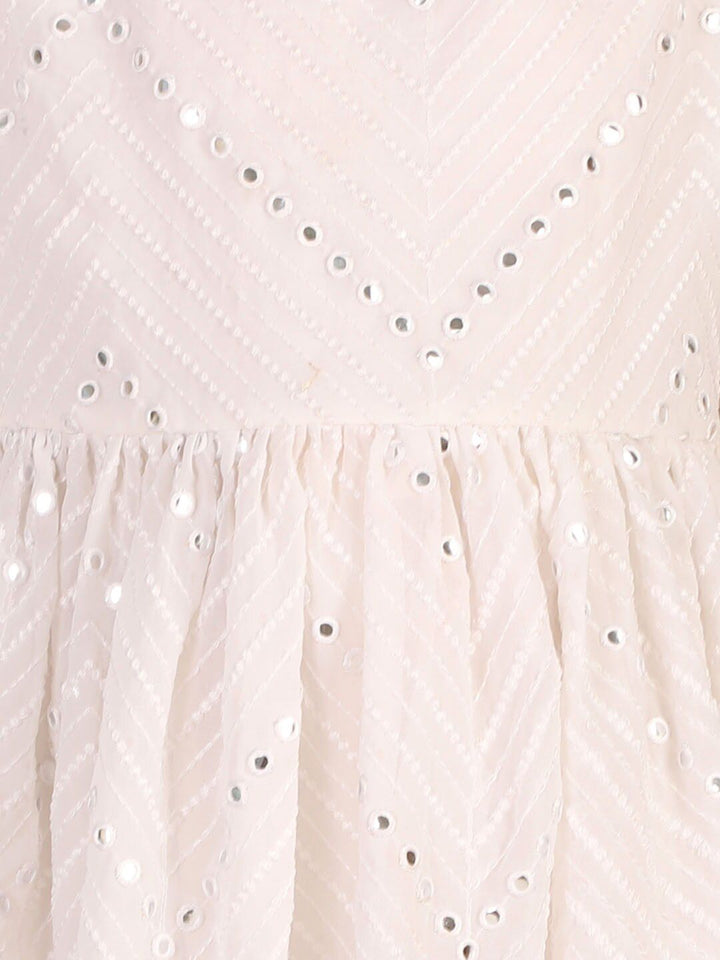 VASTRAMAY Girls White Embroidered Mirror Work Kurta With Churidar