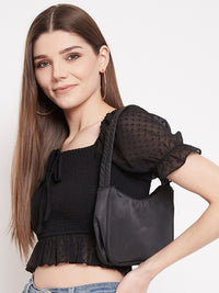 Berrylush Black Smocked Georgette Regular Crop Top