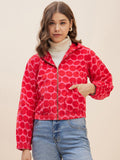 Antheaa Pink Geometric Printed Hooded Neck Corduroy Crop Bomber Jacket