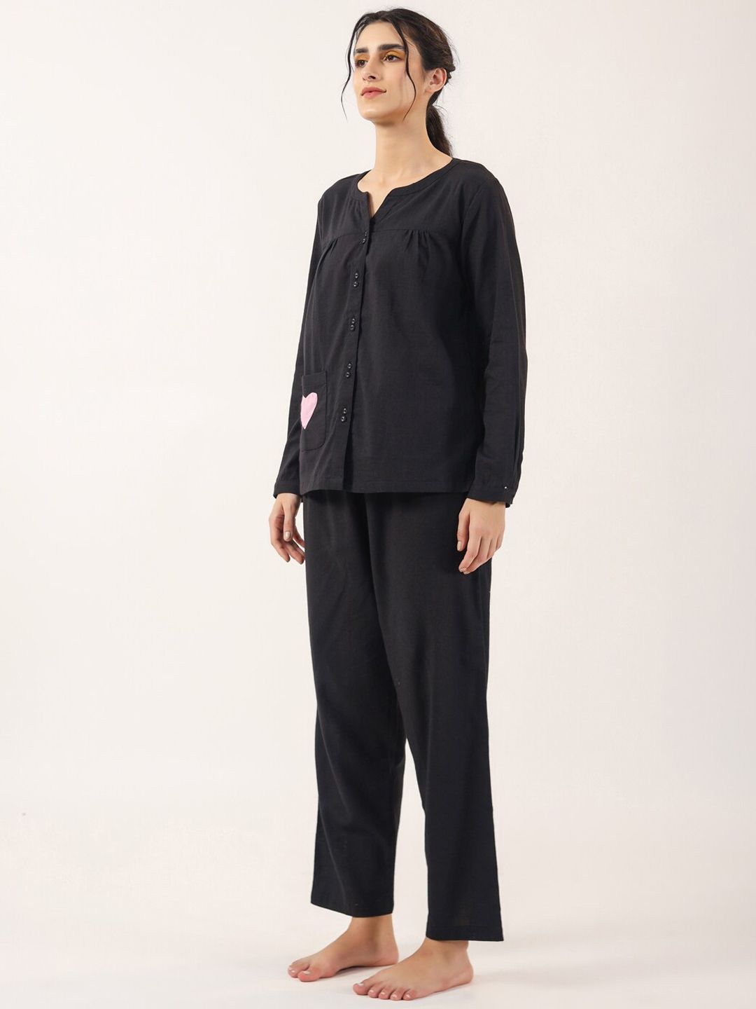 SANSKRUTIHOMES Black Round Neck Pure Cotton Nightsuit
