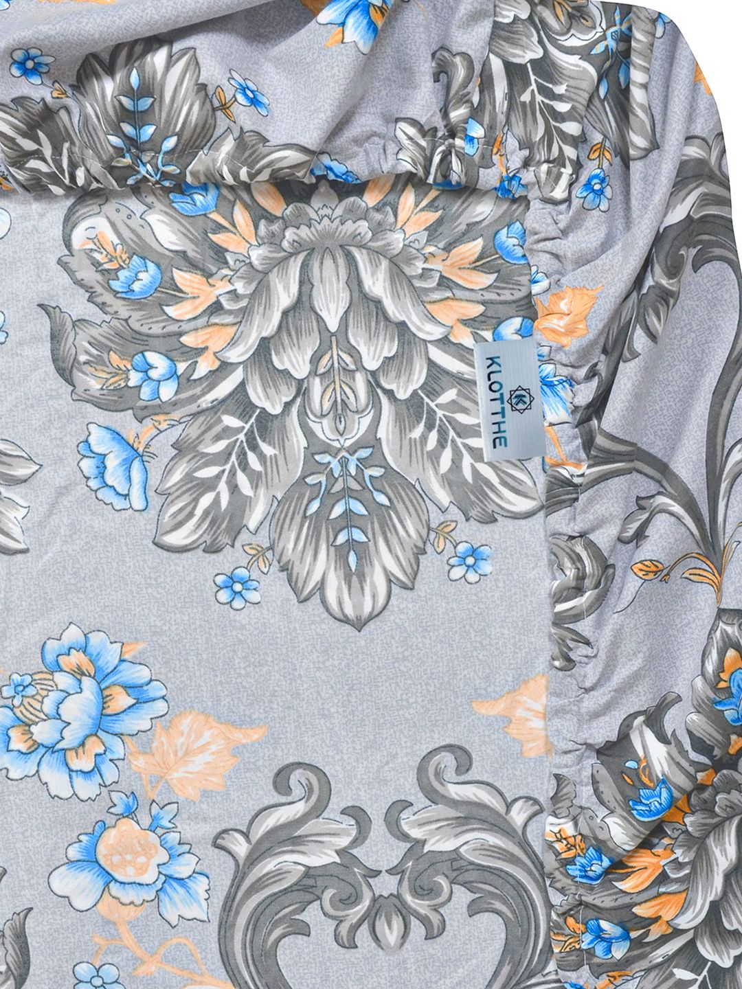KLOTTHE Grey & Blue Floral Printed Dilengkapi 400 TC King Bedsheet Dengan 2 Sarung Bantal