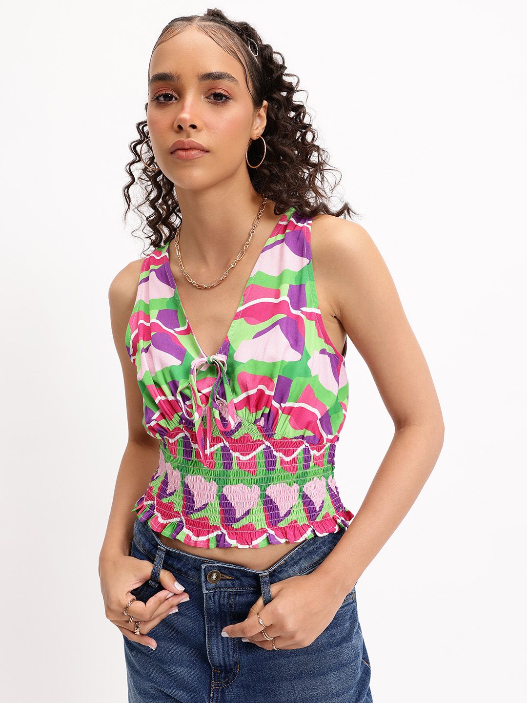 DressBerry Colour Pop Tie-Up Neck Smocked Top