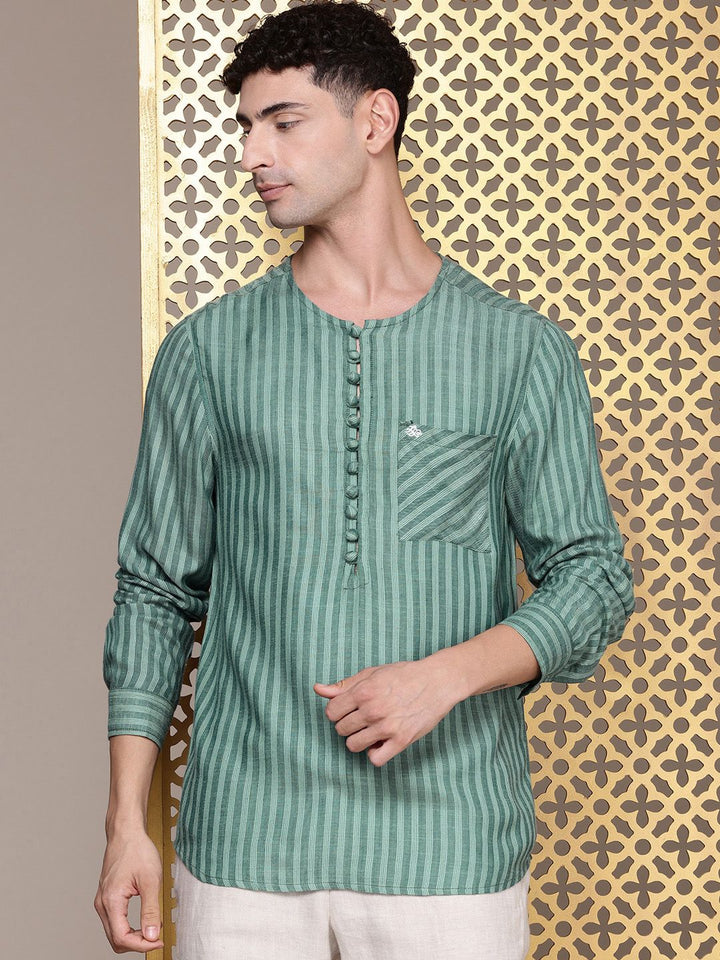 House of Pataudi Round Neck Striped Rozana Kurta